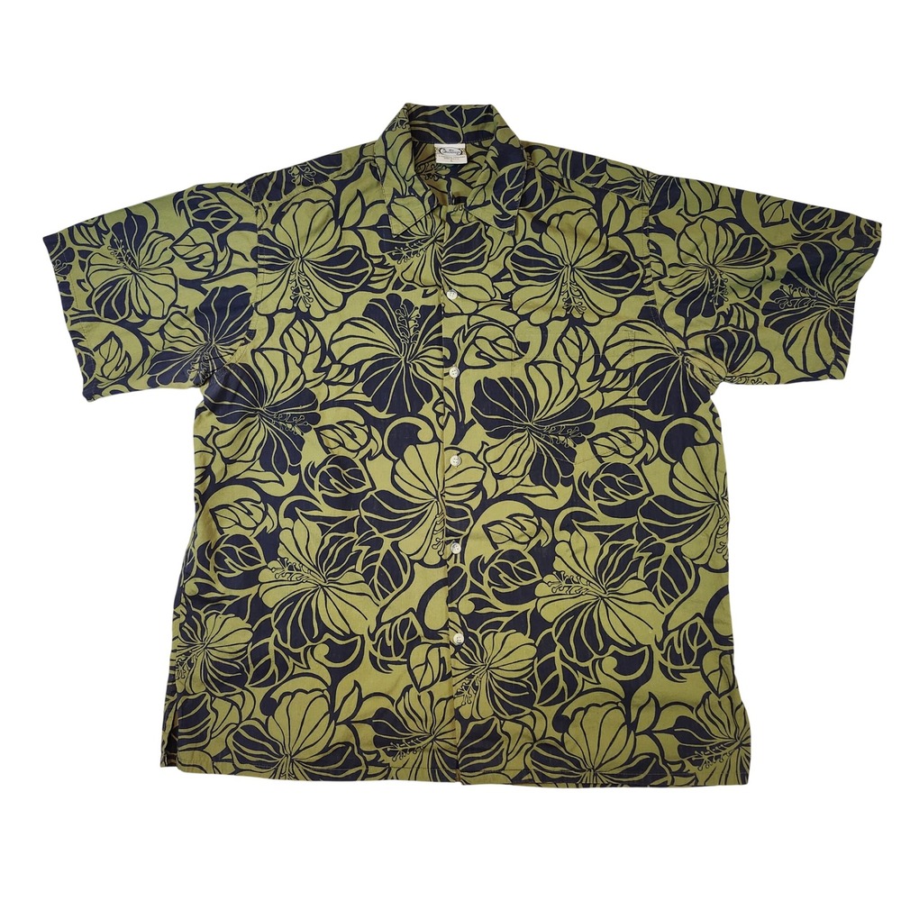 Duttons Hibiscus Floral Shirt Mens XL Olive Green Navy Excellent Aloha USA Made